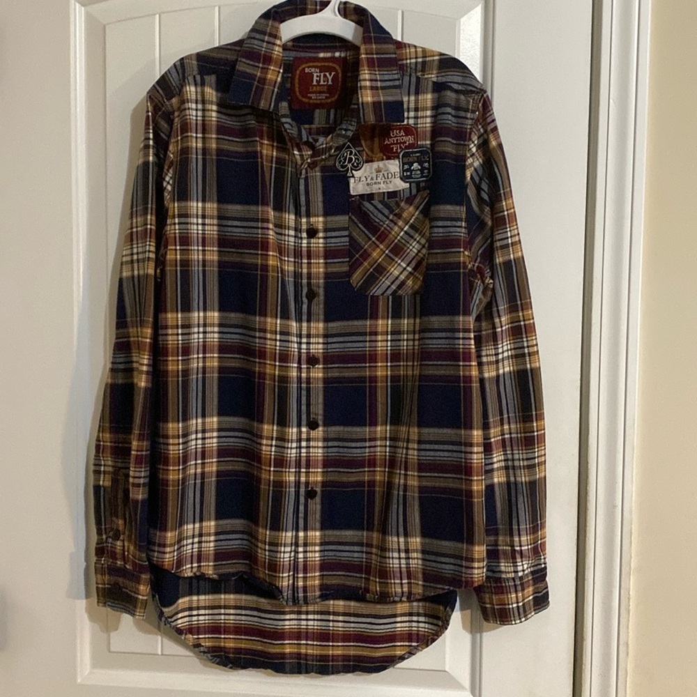 BORN FLY Men's USA Novelty Flannel Plaid Button Down Long Sleeves Shirt Size L